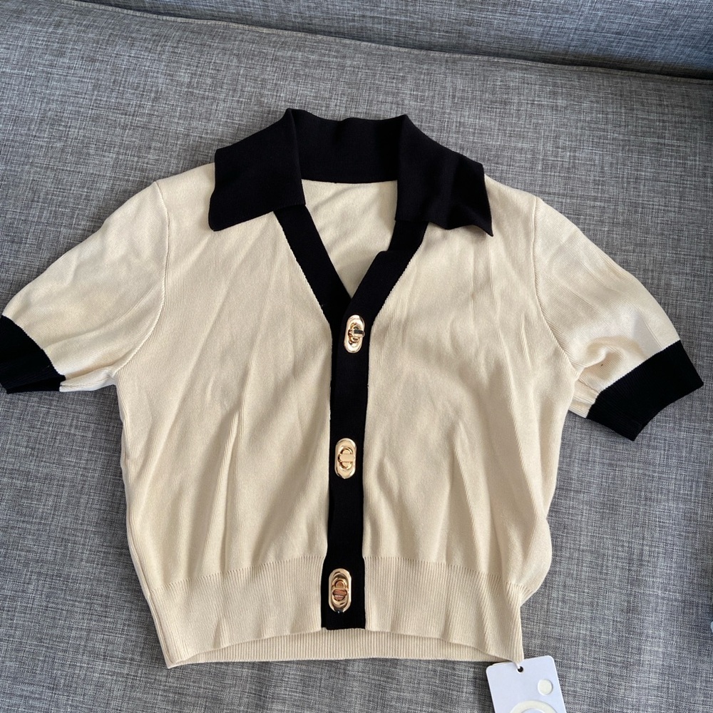 Cream and Black Short Sleeve Cardigan